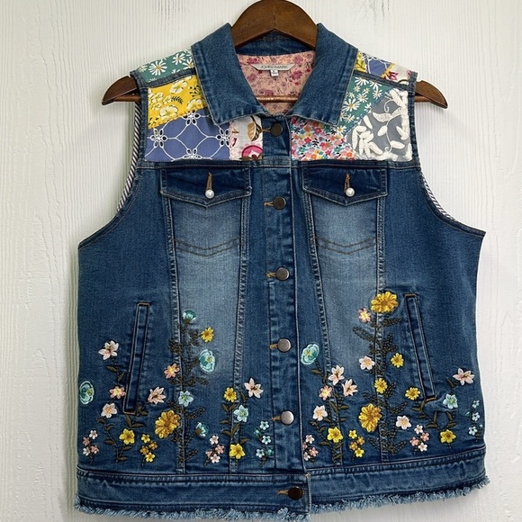 John Mark - Patch Print And Embroidered Floral Sleeveless Denim Button Up Vest L - Picture 8 of 13